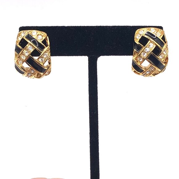 Swarovski Swan Logo Gold Tone Black Enamel Crystal Pierced Earrings - Picture 1 of 7